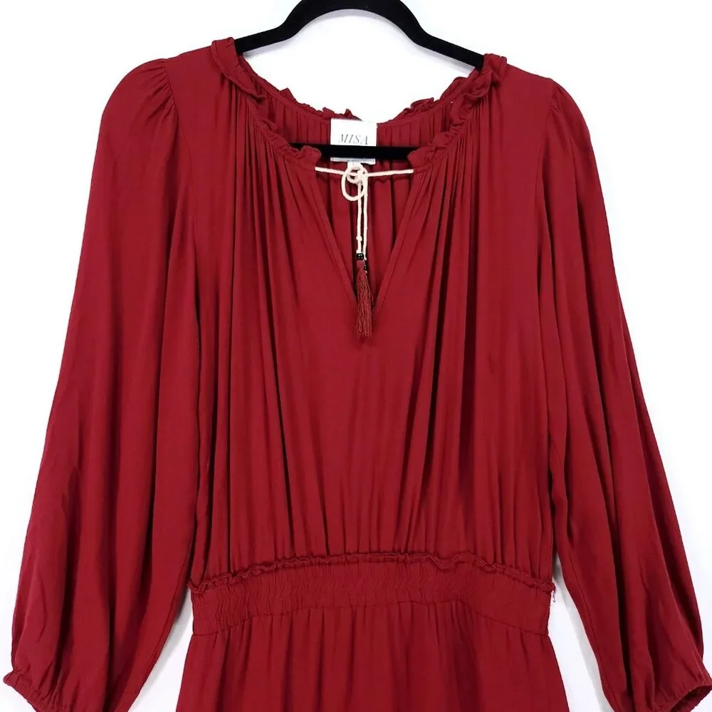 Misa Los Angeles Lorena Mini Dress Medium Tiered Long Sleeve V-Neck Red